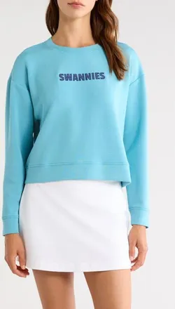 Swannies Monica Logo Graphic Crop Sweatshirt in Aqua at Nordstrom, Size Xx-Large