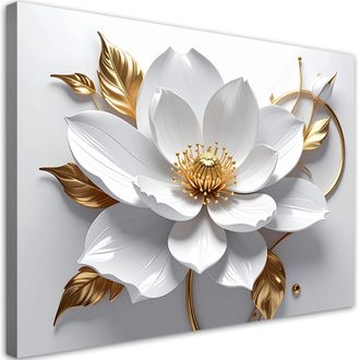 Feeby Cuadro Sobre Lienzo Flor Blanca Hojas Doradas En 3d 100x70