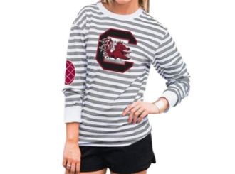 Gameday Couture University Of South Carolina Striped Elbow Patch Tee In White/grey