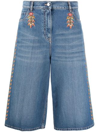 Etro floral-embroidered wide-leg denim culottes - Blue