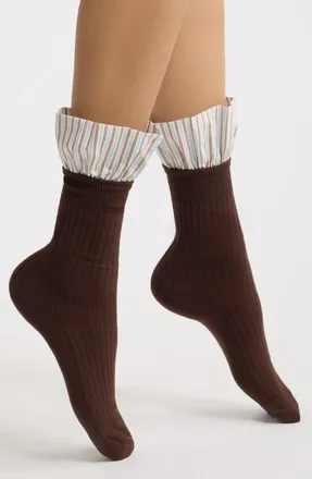 High Heel Jungle Lauren Stripe Ruffle Socks in Brown at Nordstrom