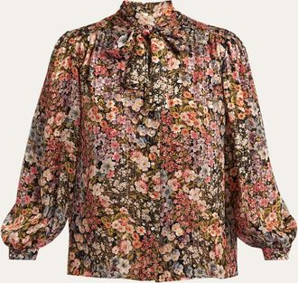 Valentino Garavani Floral Metallic Crinkle Satin Bow-Neck Blouse
