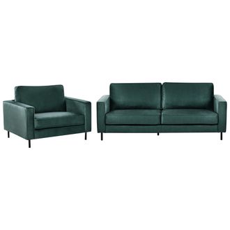 Beliani Conjunto De Sala De Estar Moderno 3 Plazas De Terciopelo Sof&aacute; Y Sill&oacute;n Patas De Metal Verde Oscuro Savalen