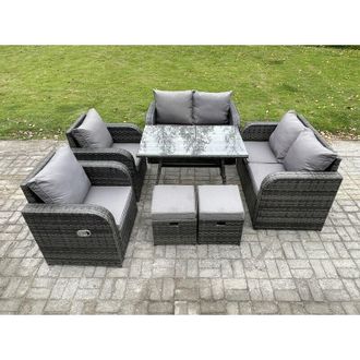 Fimous Wicker pe Rattan Garden Dining Set Outdoor Furniture Sofa with Rectangular Dining Table 2 Small Footstool Dark Grey Mixed - Fimous