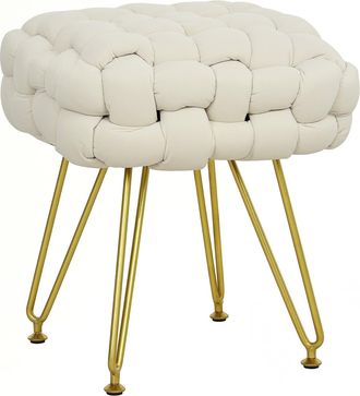HOMCOM Woven Velvet Foot Stool With Steel Legs For Living Room - Cream White | TJ Hughes