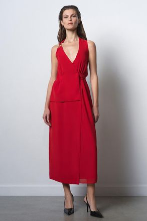 French Connection Womens Red Tailored Sleeveless Wrap-Over Buckle Midi Dress - Size 14 UK