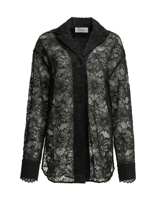 Sportmax Black Floral Lace Oversized Shirt with Notched Collar and Poplin Accents