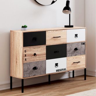 IDMarket Sacramento Aparador De 3 Puertas Y 3 Cajones, Dise&ntilde;o Industrial Desparejado 110 Cm