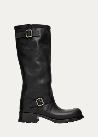 Prada 40mm Shard Leather Knee-High Moto Boots