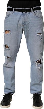 Dolce & Gabbana Blue Cotton Distressed Slim Fit Denim Jeans - male - Dolce & Gabbana - Slim Fit Jeans - Blue - XL - Jeans