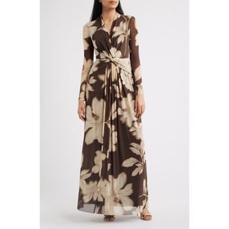 Anne Klein Floral Print Long Sleeve Maxi Dress in Molasses Multi at Nordstrom, Size X-Small