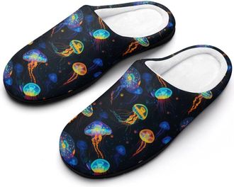 Generic Colorful Glowing Jellyfish Mens House Slippers Memory Foam Washable Cotton Slip on Home Shoes