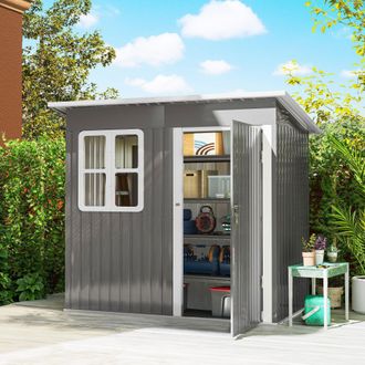 OUTSUNNY 7 x 4ft Galvanised Steel Garden Shed with Foundation Kit, Grey in Dark Grey