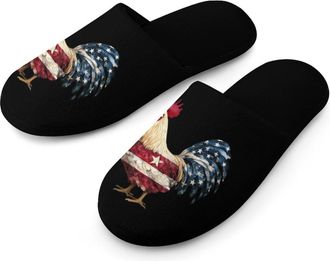 Generic Rooster U.S. Flag Mens Flannel Slipper Soft Non Slip House Shoes Comfy Winter Warm Indoor Outdoor Slippers
