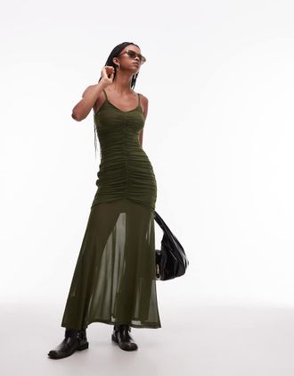 Asos Vestito lungo in tessuto a rete color kaki con spalline sottili e arricciature-Verde