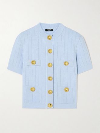 Balmain Cardigan In Maglia A Coste Con Decorazioni - Blu