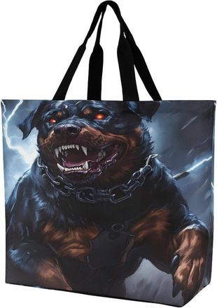 Generic Dog Rottweiler with Thunder Large Reusable Shopping Bag Lightweight Foldable Tote Bags Washable Shoulder Handbag