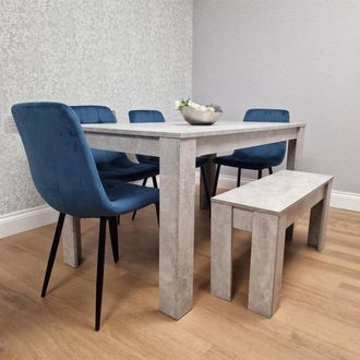 Kosy Koala Modern Stone Grey Effect Dining with Bench & 4 Blue Velvet Chairs