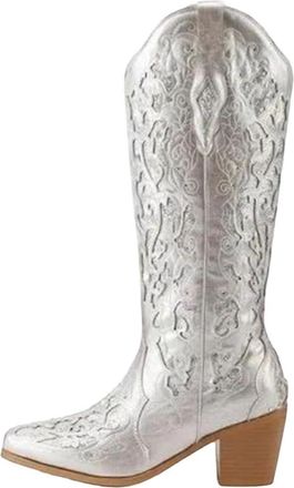Generic Womens Vintage Western Cowboy Knee High Boots Floral Embroidered Cowgirl Shoes