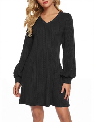 Zeagoo Ladies Dresses Long Sleeve V Neck Jumper Dress Elegant Lantern Sleeve Cable Short Dress Autumn Black S