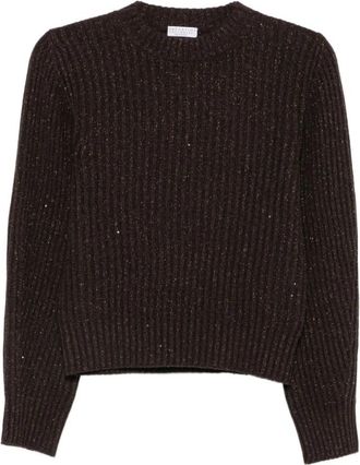Brunello Cucinelli Trui met Engelse rib en diamantgaren - Dames - Ronde hals truien - Bruin - M - Katoen - Truien & Vesten