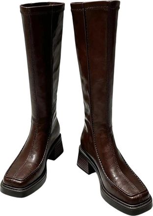 Generic Women Knee High Dress Boots Chunky Heel Winter Warm Pu Leather Casual Long Boot