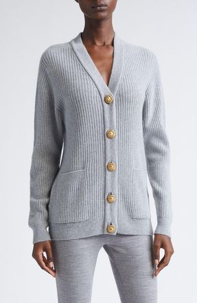 Balmain Button Detail Rib Cashmere & Virgin Wool Cardigan in Heather at Nordstrom, Size 8 Us