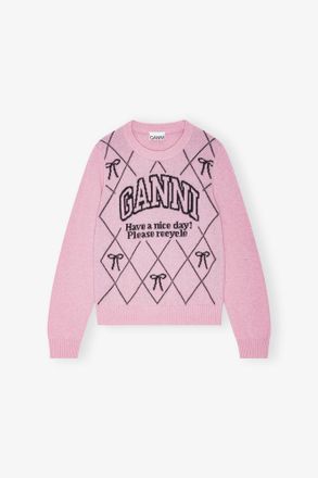 Ganni Pink Graphic Bow Sweater - Size XXS Wool