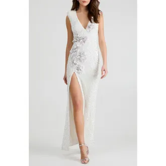 Helsi Gabriella Sequin Floral Appliqu&eacute; Sleeveless Gown in Off White at Nordstrom, Size X-Large