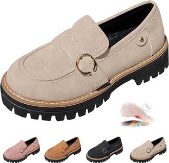 Generic Womens Comfortable British Style Retro Slip-on Shoes Non-Slip Chunky Heel Loafer Wide Fit Work Casual Platform Shoes (Beige,39EU)
