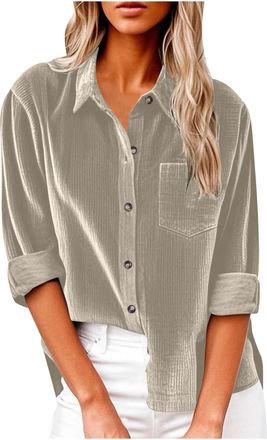 Generic T Shirts for Women UK Corduroy Button Down Ladies Tops Long Sleeve Turndown Collar Jumper Plain Lapel Collar Blouse with Pocket Dressy Stretchy Stylis