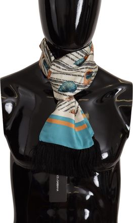 Dolce & Gabbana Mens Shell Print Silk Scarf Fringe Detail - Ivory - One Size