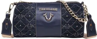 True Religion Studded Denim Zip Top Barrel Bag in Dark Denim at Nordstrom