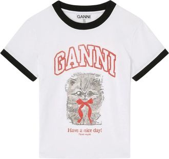 Ganni Cropped Kitty T-shirt - Dames - T-shirts - Wit - M - Katoen - Tops
