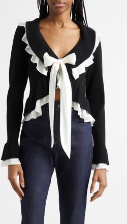 Cinq &agrave; Sept Melinda Ruffle Tie Front Cardigan in Black/gardenia at Nordstrom, Size Xx-Small