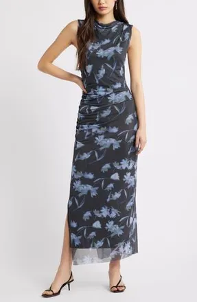 Open Edit Mesh Body-Con Maxi Dress in Blue Falling Floral at Nordstrom Rack, Size X-Small