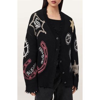 AllSaints Hester Western Cotton Jacquard Cardigan in Black at Nordstrom, Size X-Small