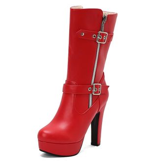 Generic Qynthra Womens Knee High Platform Boots PU Leather Double Buckle Side Zip Closure High Heel Stylish Boots for Work and Casual Outfits,Red,4.5 UK