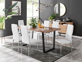 Furniturebox Kylo Large Brown Wood Effect Dining Table & 6 Milan Chrome Leg Faux LeatherChairs in White