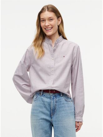 Tommy Hilfiger Womens Ruffle Trim Cropped Oxford Shirt - Burgundy - XXL