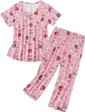 Generic Womens Pyjamas 3/4 Length Sets Loungewear Sets For Women Short Sleeve Print-WomenS Pyjama Sets Shorts V Neck Loungewear Sets For Women Wide Leg Womens