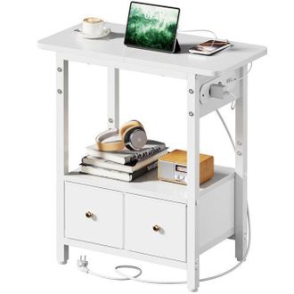 OEM Mesita De Noche - Ecofurnix - 2 Cajones De Tela - 2 Tomas De Corriente Y Puertos Usb - 60 X 30 X 60 Cm - Blanco