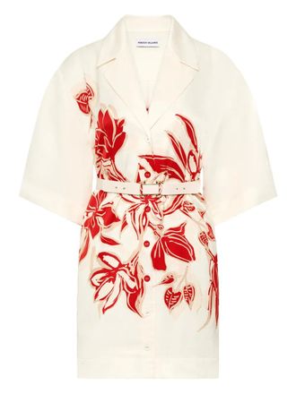 Rebecca Vallance Tallara floral-print belted mini dress - women - Viscose/Linen/Flax - 12 - White