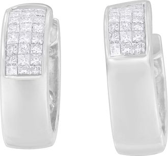 House of Brilliance 14K White Gold 1 1/8 cttw Princess and Round Cut Diamond Huggie Earrings