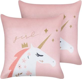 Beliani Beliani - Conjunto De 2 Cojines Infantiles De Terciopelo Motivo Unicornio 45 X 45 Cm Fundas Extra&iacute;bles Con Relleno Rosa Uniola