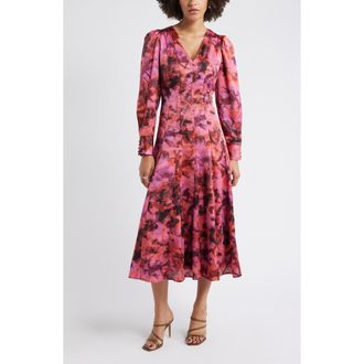 Chelsea28 Long Sleeve Satin Midi Dress in Pink Magnolia Bloom at Nordstrom Rack, Size Xx-Small