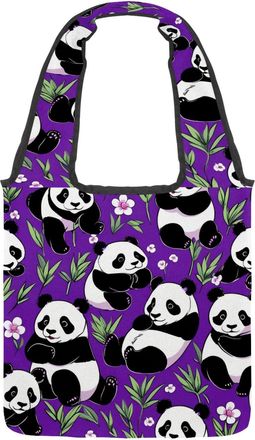 Generic Cute Panda on Purple Reversible Canvas Shoulder Tote - Double-Sided Print, 12oz Cotton, 27cm Drop, Fold-Flat Bag for Travel, Shopping, Street Outings