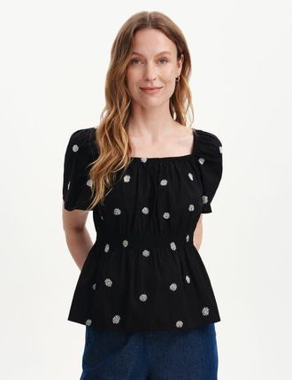 Finery Holly Floral Embroidered Cotton Top in Black Daisy at Nordstrom, Size 14