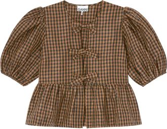 Ganni Gingham Bow Top - women - Fabric - 40 - Brown