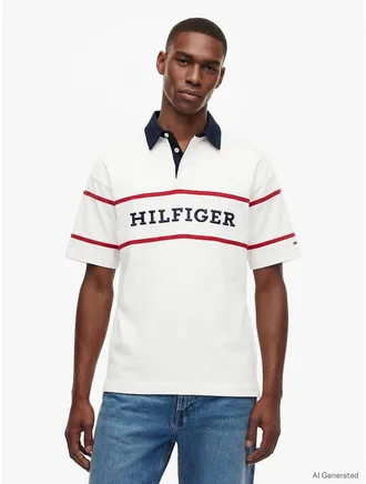 Tommy Hilfiger Mens Relaxed Fit Hilfiger Logo Rugby Polo - Ivory Silk - XL
